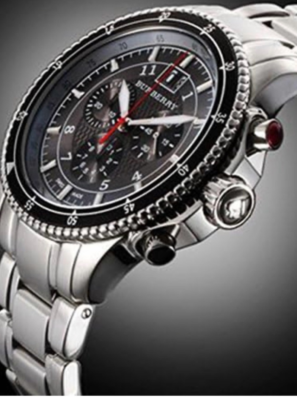 Burberry Silver Black Stainless Steel Chronograph Watch